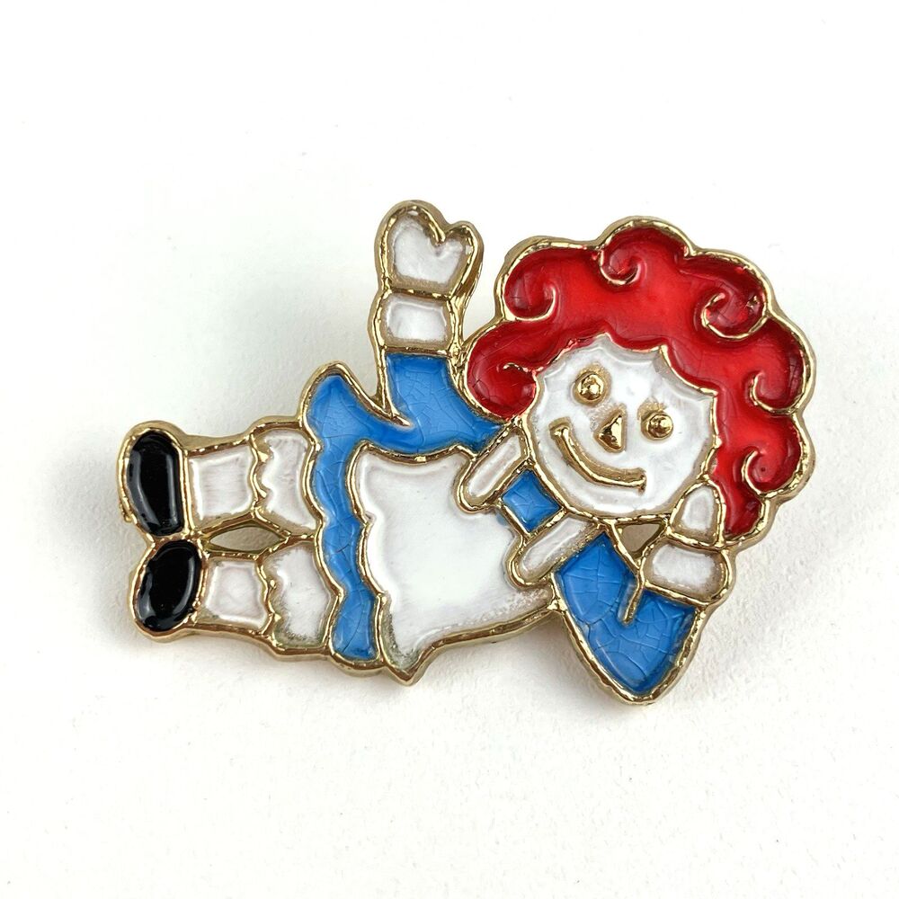 Raggedy Ann Pin 1970s Mamselle Brooch Gold Tone Enamel